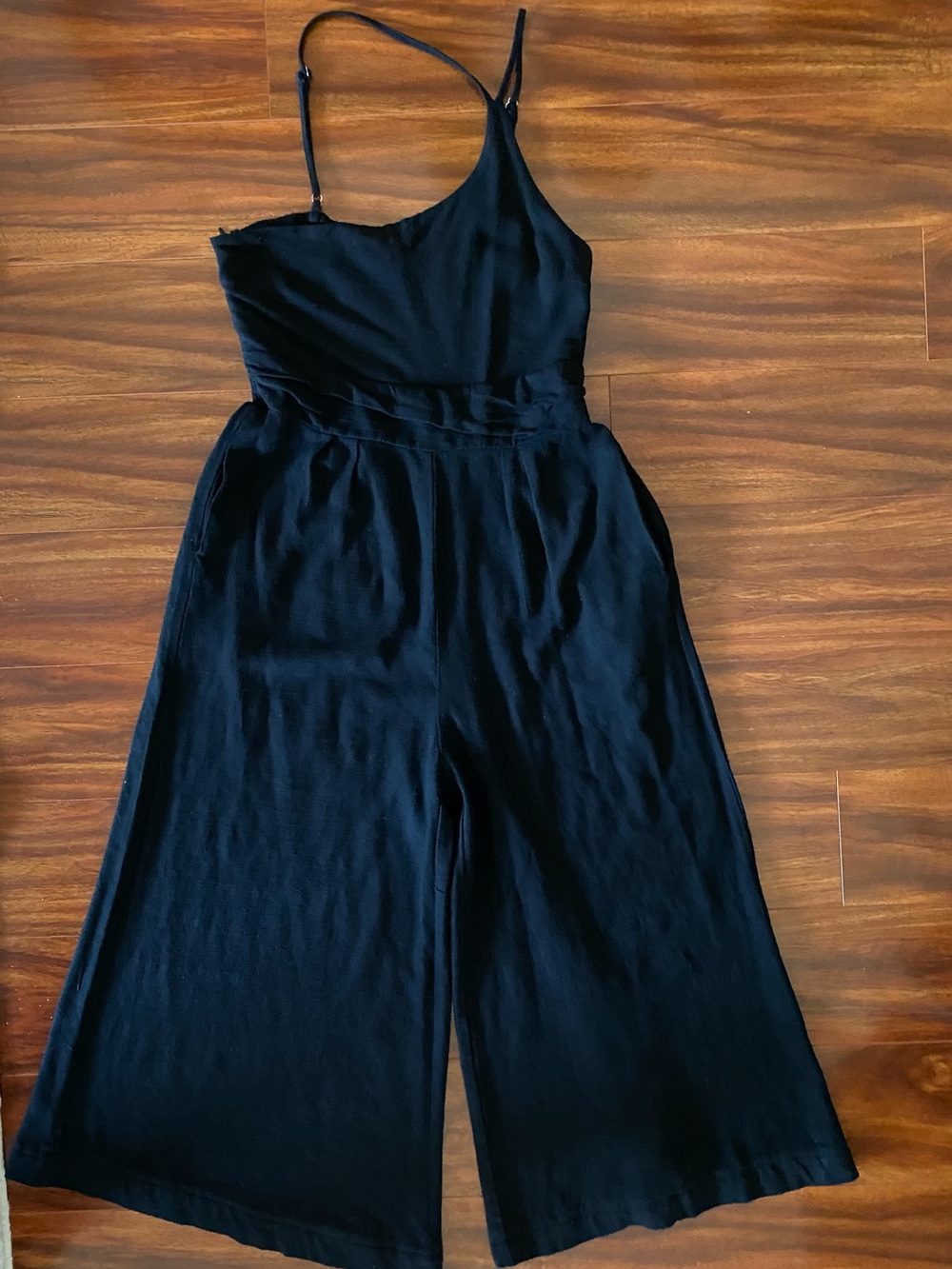 Anrabess Linen blend Black Wide-Leg below the knee  Jumpsuit with side pockets